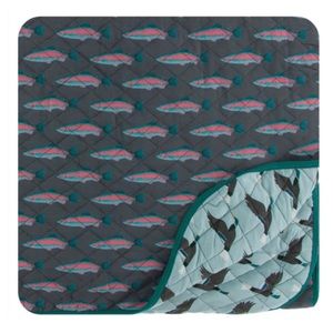 Kickee Pants quilted Throw blanket in stone trout and jade mallard ducks.